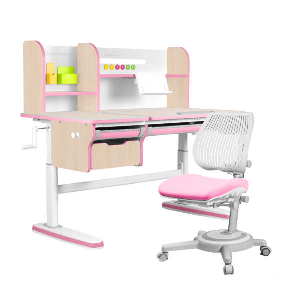 Комплект Kinderzen Dali Plus парта + кресло + надстройка + выдвижной ящик + органайзер + подставка для книг клен/розовый с розовым креслом Ergoback